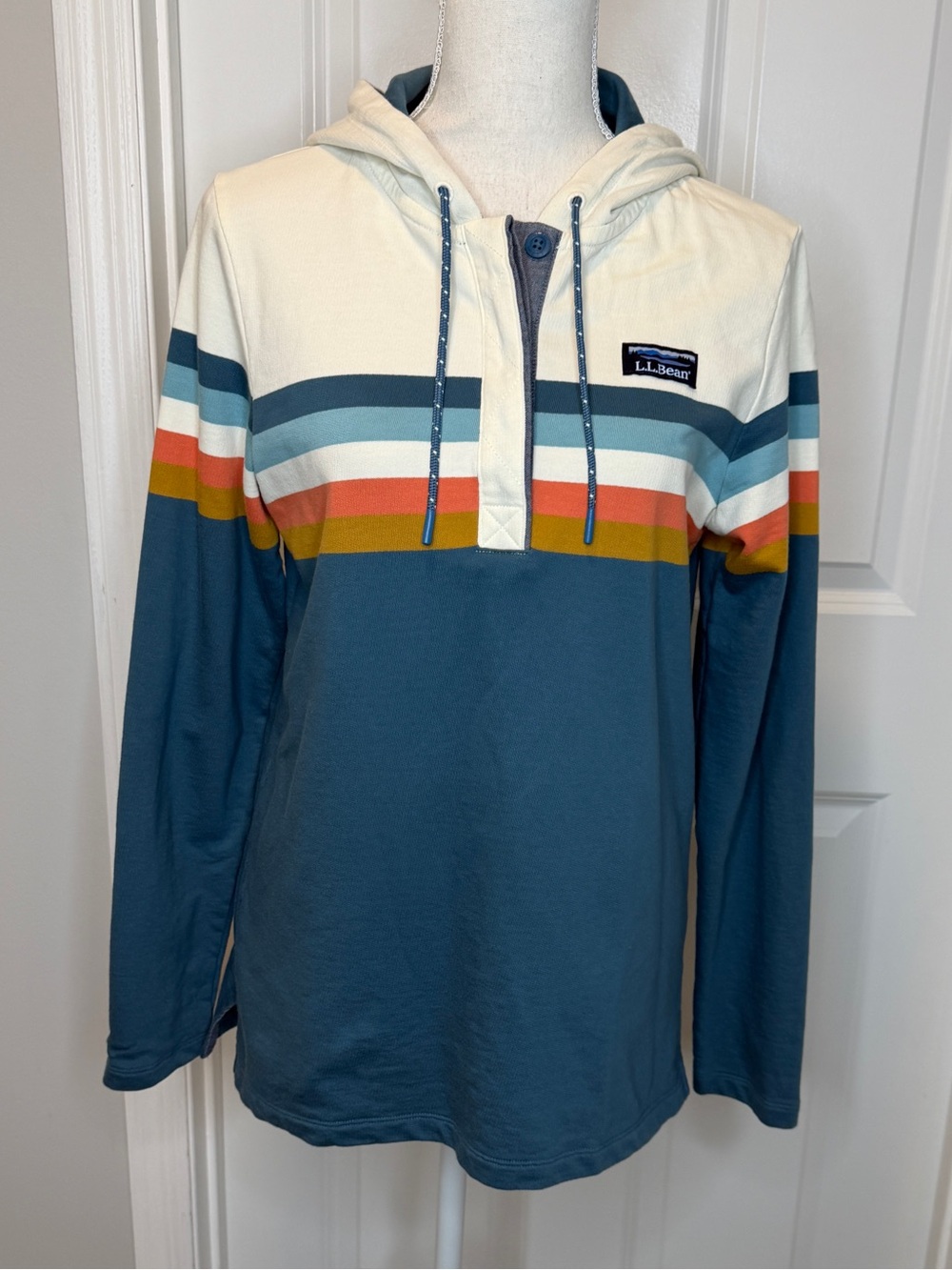 L.L. Bean Women’s Blue Cream Orange Vintage Soft Rugby Hoodie Small Colorblock - Picture 11 of 11